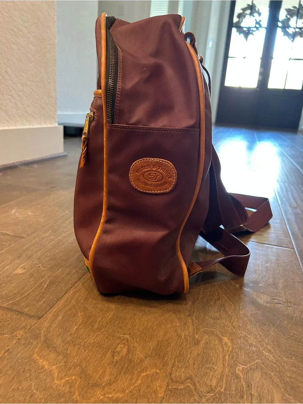 Brown Leather-Trim Burgandy Backpack